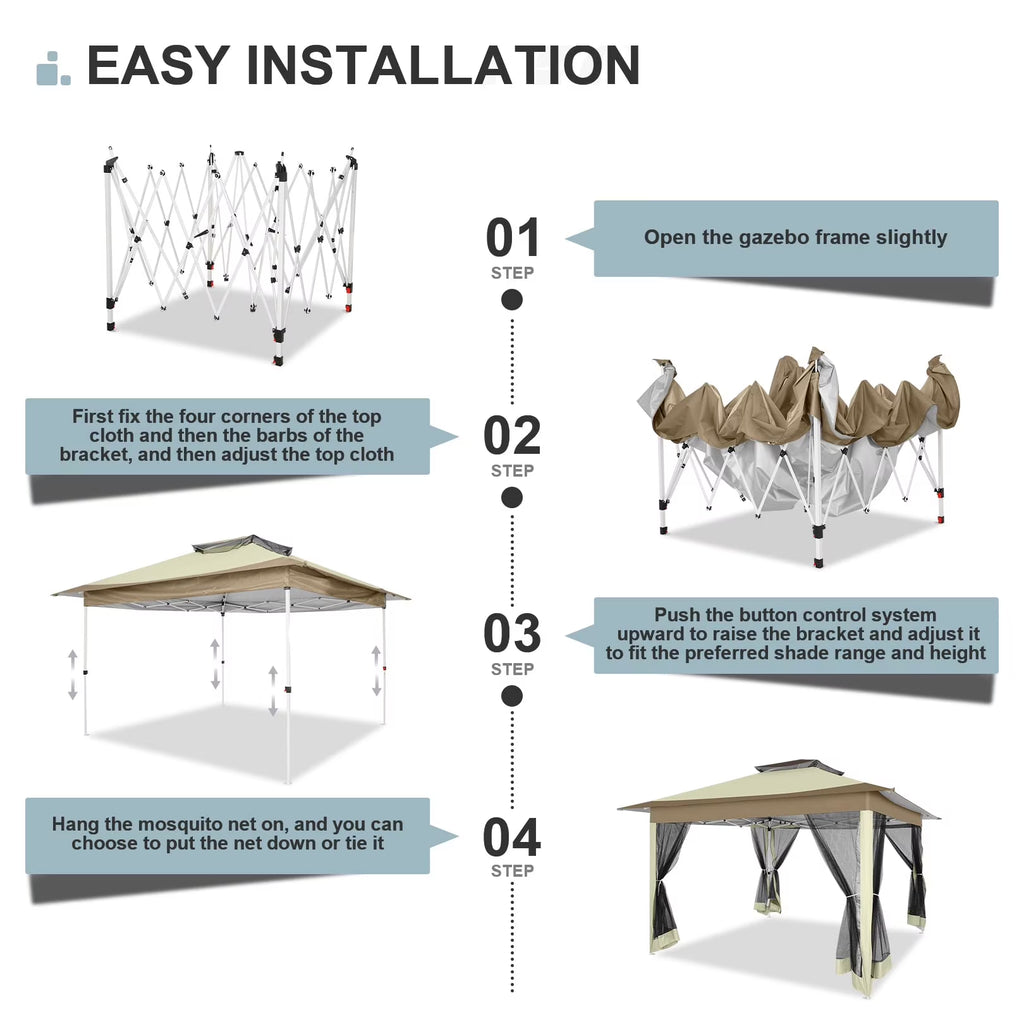 12' X 12' Pop-Up Gazebo Patio Outdoor Canopy Tent with 8 Mosquito Nettings, Adjustable Height and 144 Square Ft of Shade for Garden, Party, Backyard with Vented Top, Khaki