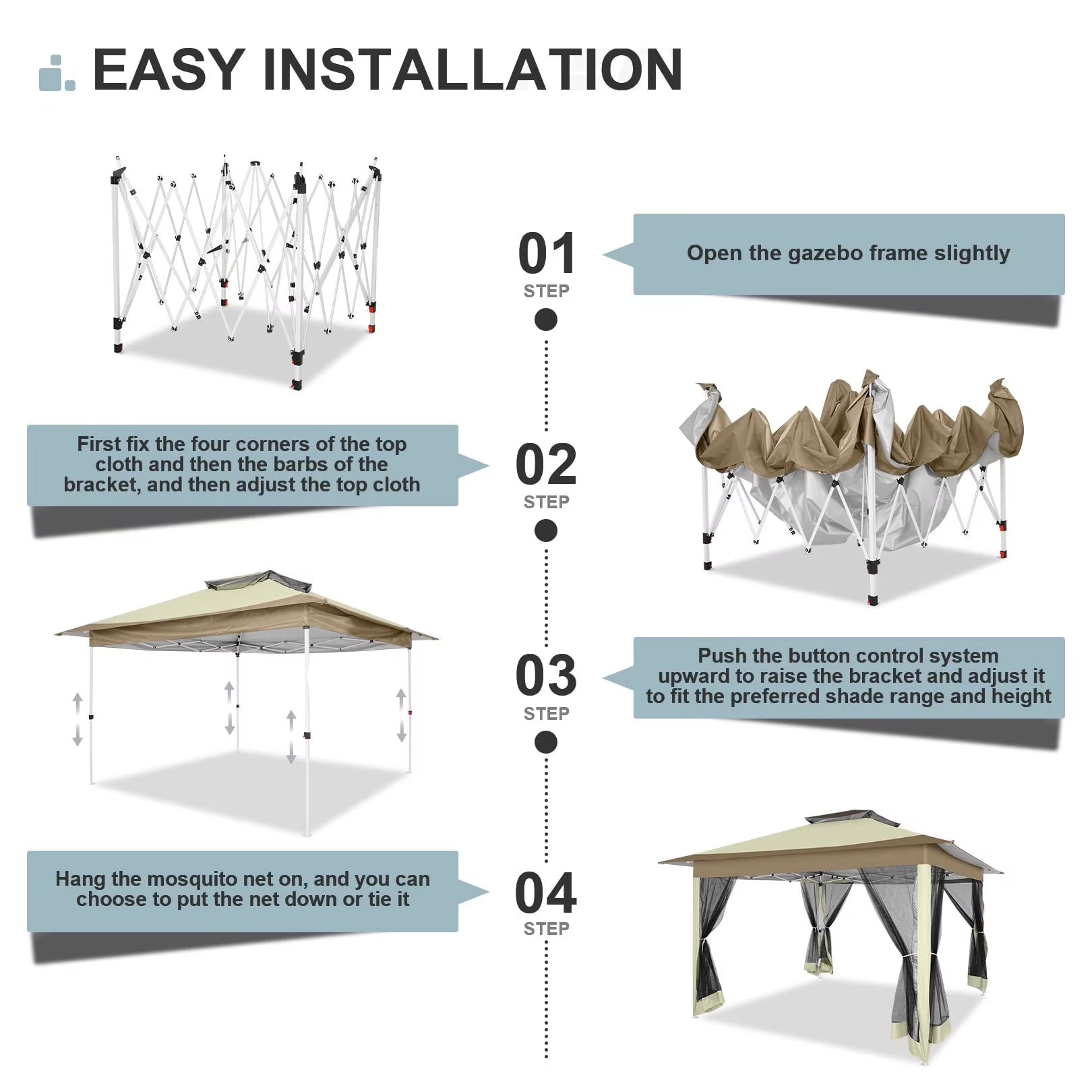 12' X 12' Pop-Up Gazebo Patio Outdoor Canopy Tent with 8 Mosquito Nettings, Adjustable Height and 144 Square Ft of Shade for Garden, Party, Backyard with Vented Top, Khaki