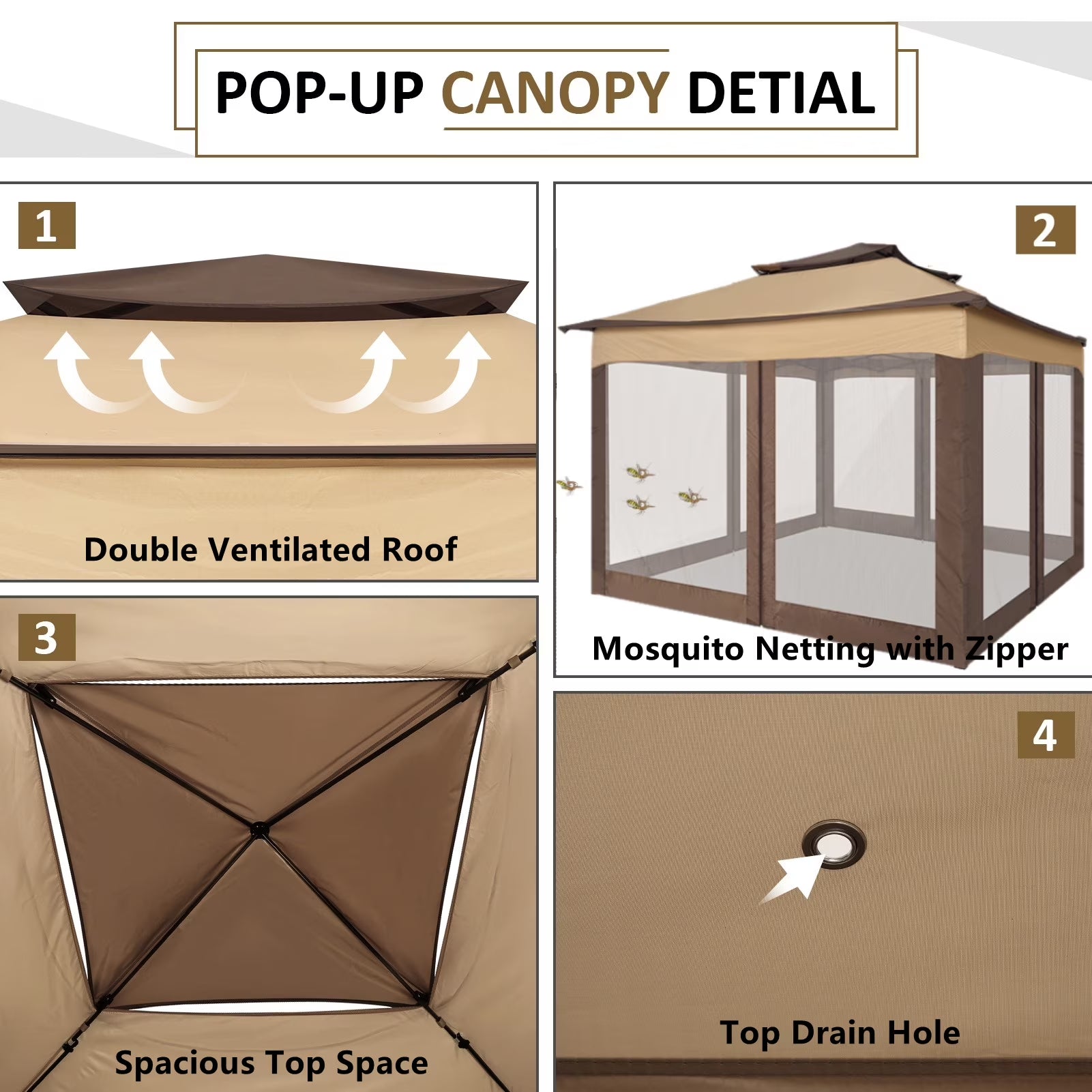 Outdoor Canopy Gazebo 11X11 Pop-Up Gazebo Patio Gazebo with Mosquito Netting Outdoor Canopy Shelter with 121 Square Feet of Shade for Outdoor Lawn, Garden, Backyard and Deck, Brown