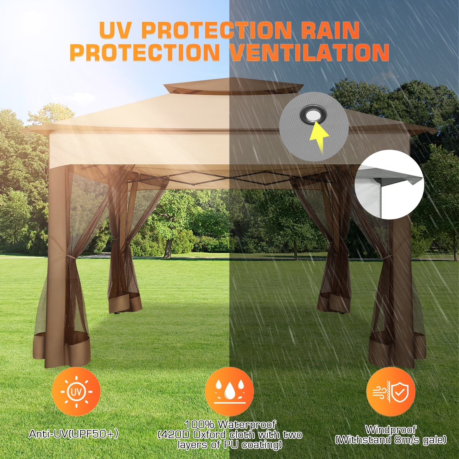 11X11 Pop up Gazebo Outdoor Canopy Gazebo Patio Gazebo with Mosquito Netting Canopy Shelter with 121 Square Feet of Shade for Poolside, Garden, Party and Backyard, Khaki