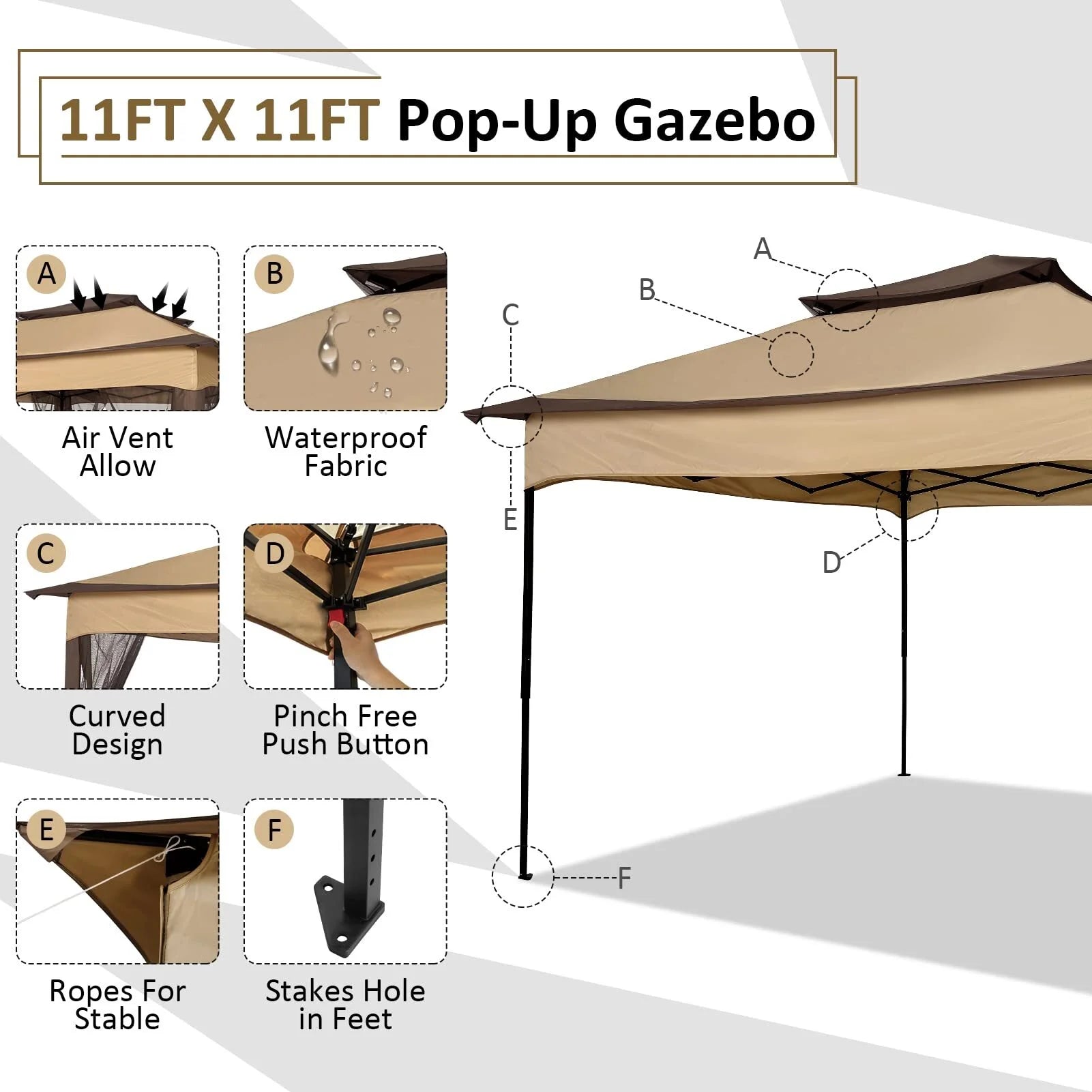Outdoor Canopy Gazebo 11X11 Pop-Up Gazebo Patio Gazebo with Mosquito Netting Outdoor Canopy Shelter with 121 Square Feet of Shade for Outdoor Lawn, Garden, Backyard and Deck, Brown