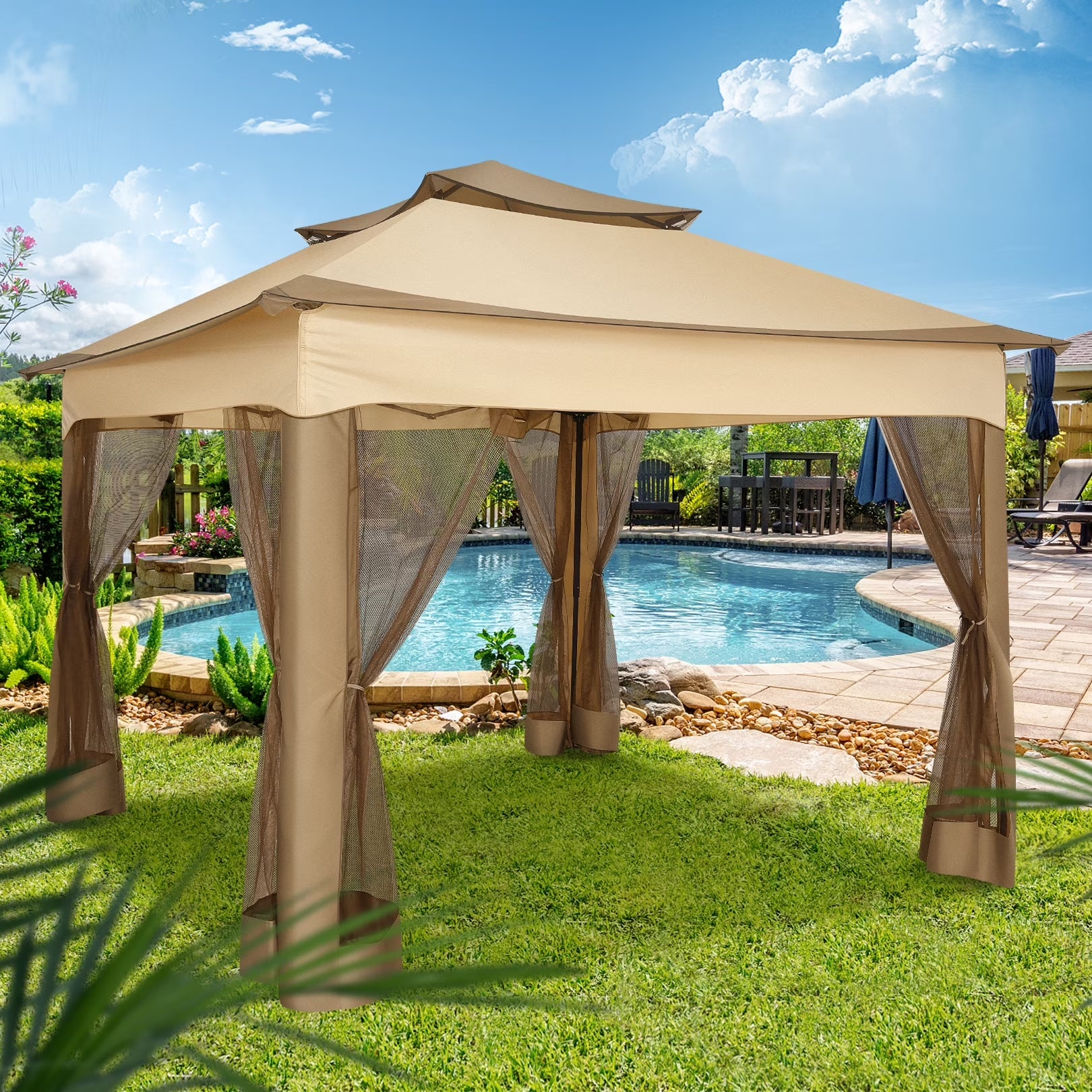 11X11 Pop up Gazebo Outdoor Canopy Gazebo Patio Gazebo with Mosquito Netting Canopy Shelter with 121 Square Feet of Shade for Poolside, Garden, Party and Backyard, Khaki