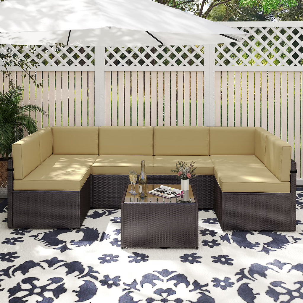 7Pcs Outdoor Patio Furniture Set Wicker Sectional Sofa Conversation Chair Sofa Set with Cushions, Dark Blue