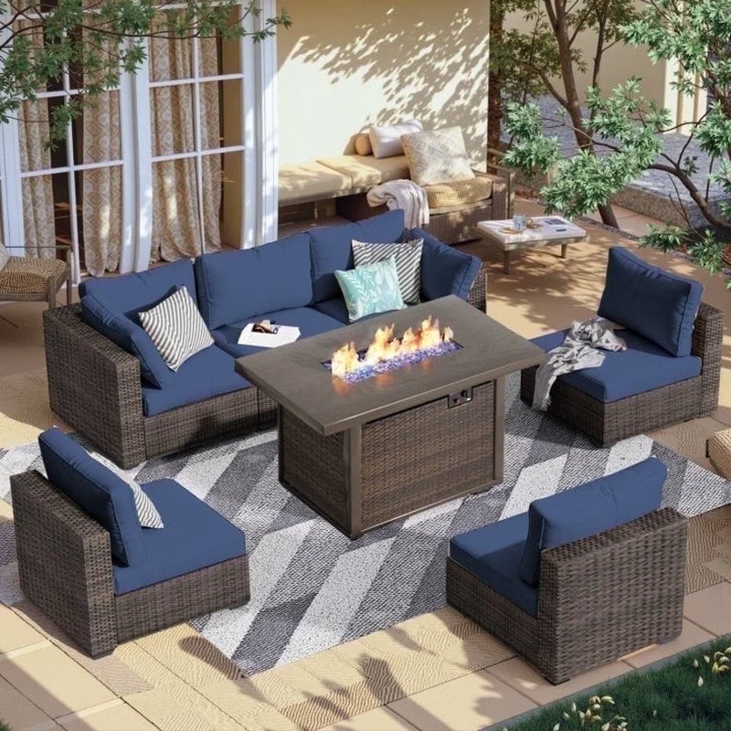 7 Piece Patio Furniture Set with Fire Pit Table, All Weather Outdoor Sectional PE Rattan, Patio Conversation Sets with Cushions for Garden Lawn Balcony Porch Deck, Blue