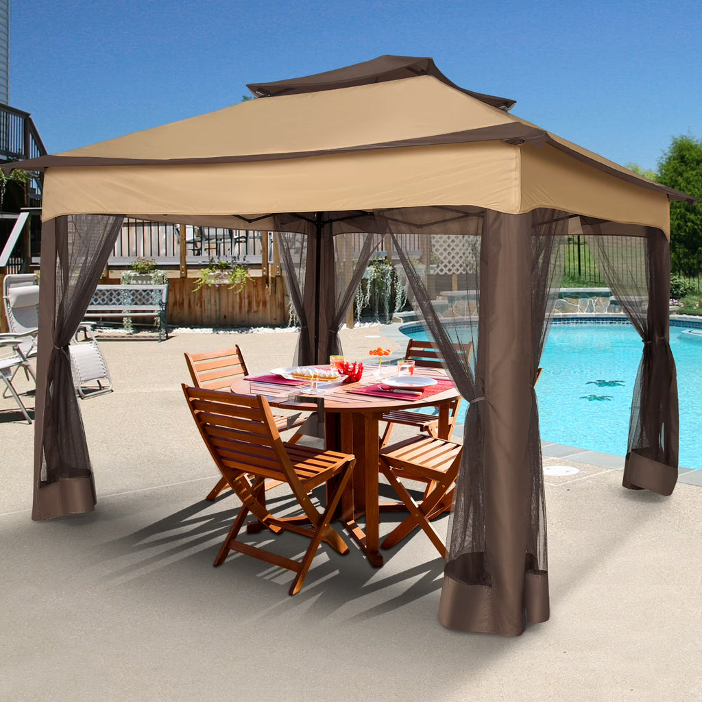 Outdoor Canopy Gazebo 11X11 Pop-Up Gazebo Patio Gazebo with Mosquito Netting Outdoor Canopy Shelter with 121 Square Feet of Shade for Outdoor Lawn, Garden, Backyard and Deck, Brown