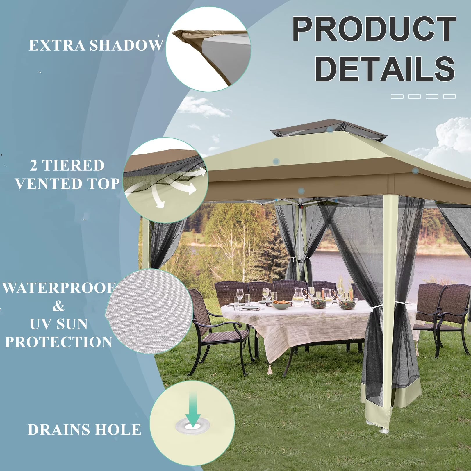 12' X 12' Pop-Up Gazebo Patio Outdoor Canopy Tent with 8 Mosquito Nettings, Adjustable Height and 144 Square Ft of Shade for Garden, Party, Backyard with Vented Top, Khaki
