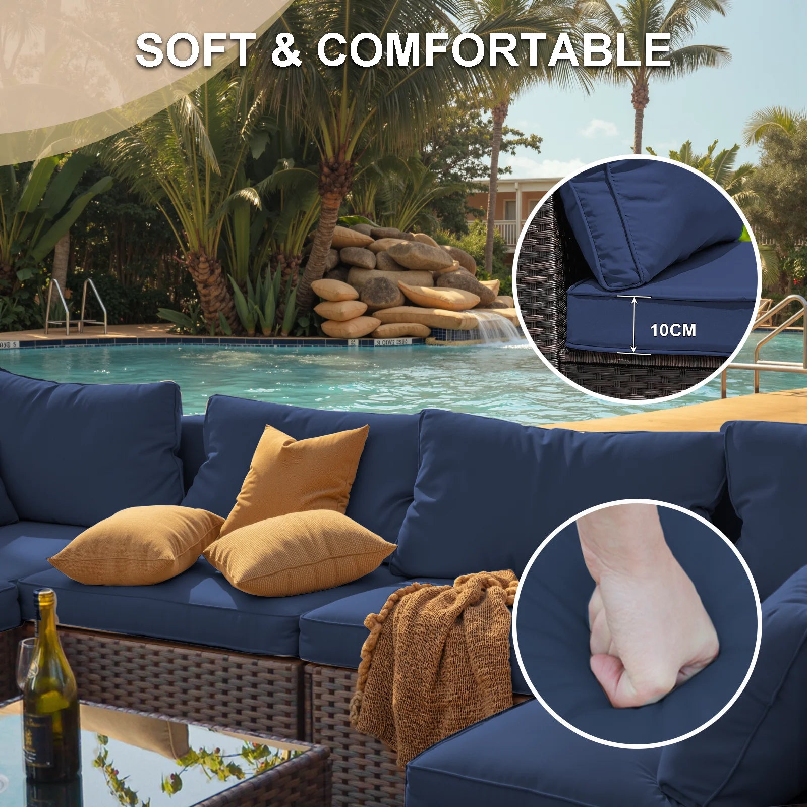 7 Piece Patio Furniture Set with Fire Pit Table, All Weather Outdoor Sectional PE Rattan, Patio Conversation Sets with Cushions for Garden Lawn Balcony Porch Deck, Blue