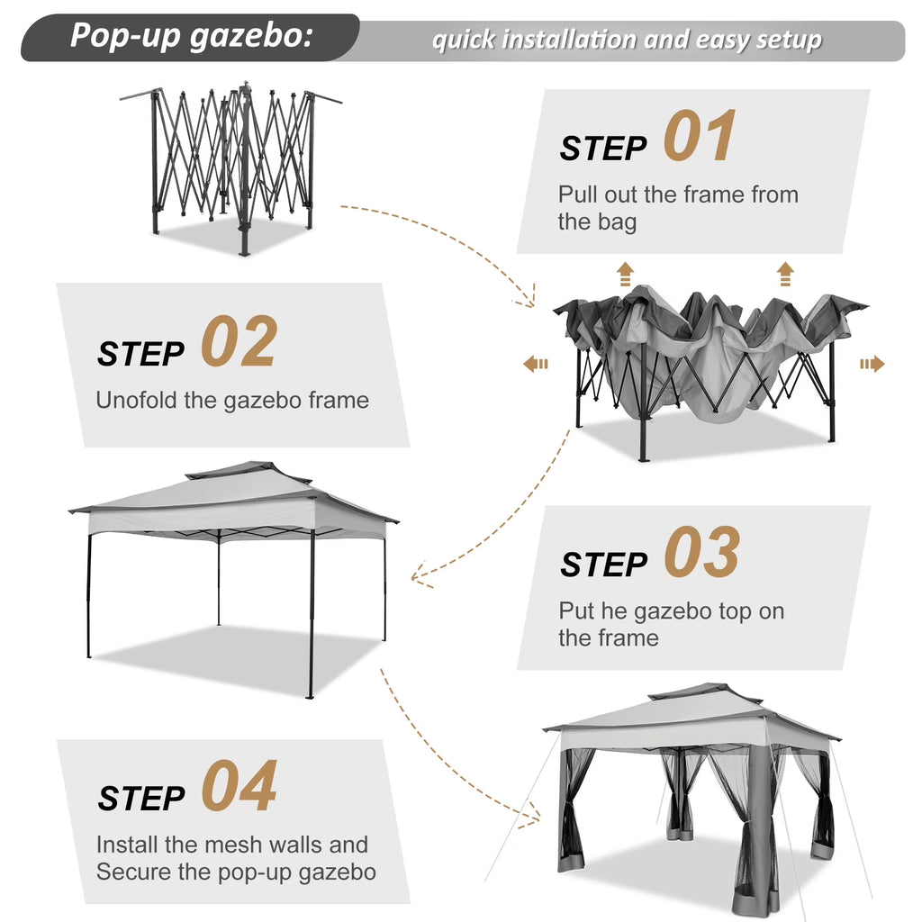 Outdoor Canopy Gazebo 11X11 Pop up Gazebo Patio Gazebo with Mosquito Netting Outdoor Canopy Shelter with 121 Square Feet of Shade for Outdoor Lawn, Garden, Backyard and Deck, Gray