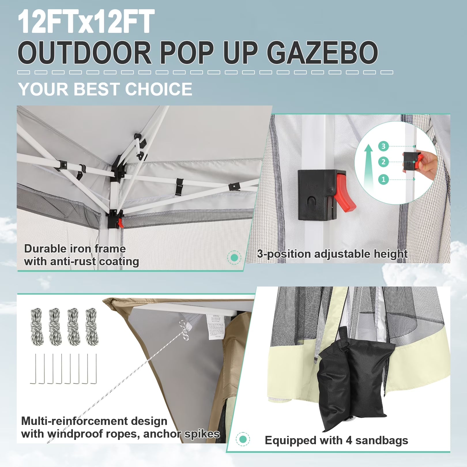 12' X 12' Pop-Up Gazebo Patio Outdoor Canopy Tent with 8 Mosquito Nettings, Adjustable Height and 144 Square Ft of Shade for Garden, Party, Backyard with Vented Top, Khaki