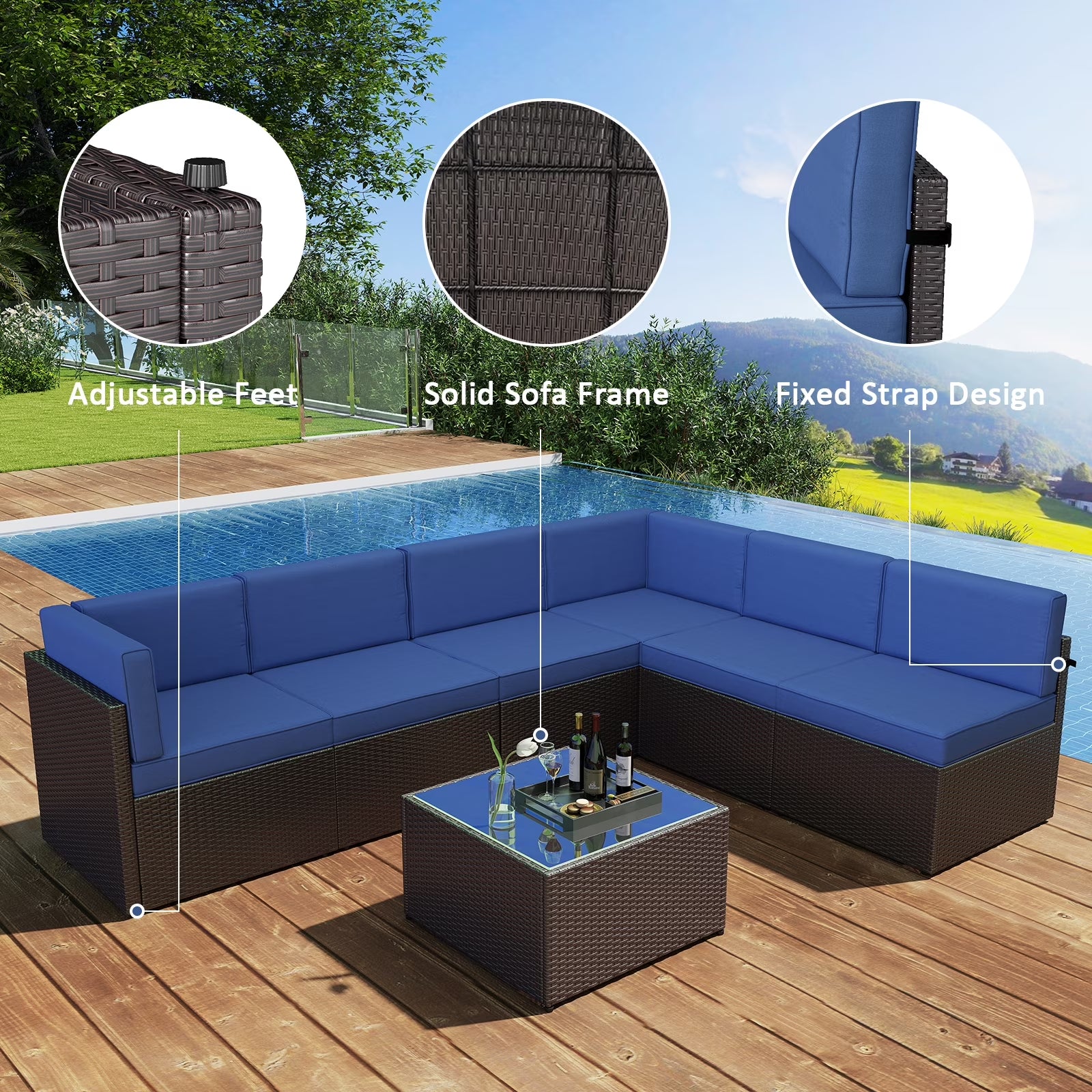 7Pcs Outdoor Patio Furniture Set Wicker Sectional Sofa Conversation Chair Sofa Set with Cushions, Dark Blue
