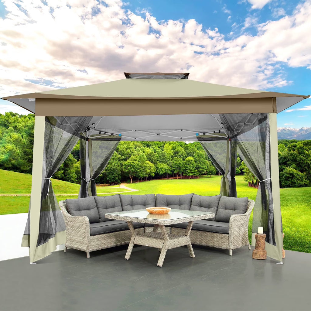 12' X 12' Pop-Up Gazebo Patio Outdoor Canopy Tent with 8 Mosquito Nettings, Adjustable Height and 144 Square Ft of Shade for Garden, Party, Backyard with Vented Top, Khaki