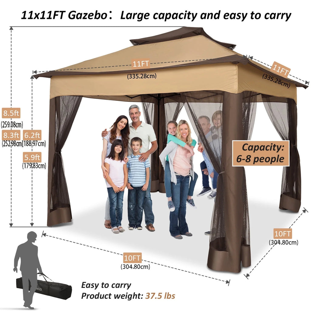 Outdoor Canopy Gazebo 11X11 Pop-Up Gazebo Patio Gazebo with Mosquito Netting Outdoor Canopy Shelter with 121 Square Feet of Shade for Outdoor Lawn, Garden, Backyard and Deck, Brown