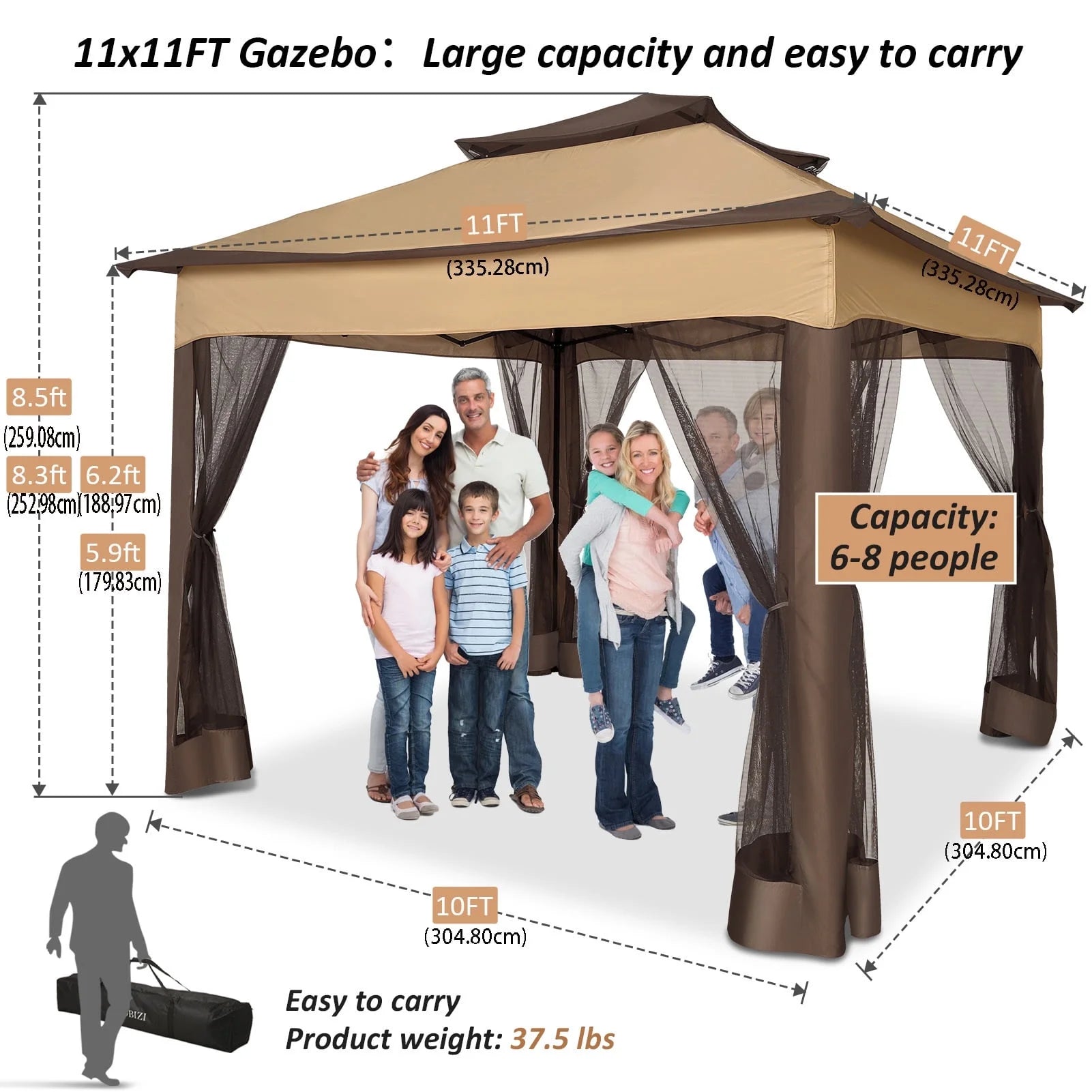 Outdoor Canopy Gazebo 11X11 Pop-Up Gazebo Patio Gazebo with Mosquito Netting Outdoor Canopy Shelter with 121 Square Feet of Shade for Outdoor Lawn, Garden, Backyard and Deck, Brown