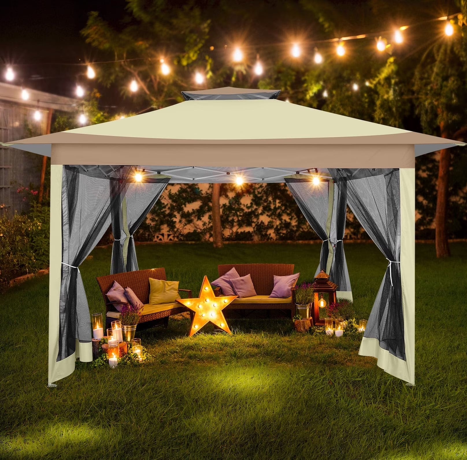 12' X 12' Pop-Up Gazebo Patio Outdoor Canopy Tent with 8 Mosquito Nettings, Adjustable Height and 144 Square Ft of Shade for Garden, Party, Backyard with Vented Top, Khaki