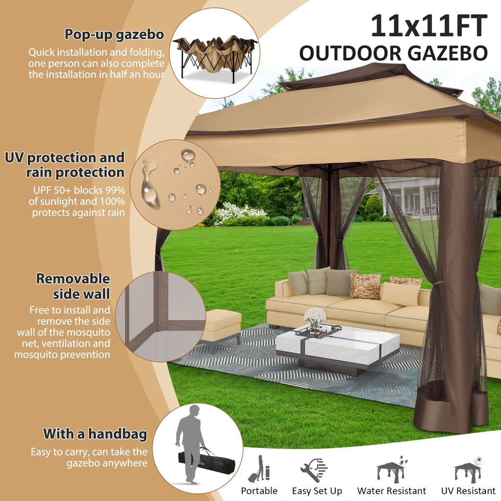Outdoor Canopy Gazebo 11X11 Pop-Up Gazebo Patio Gazebo with Mosquito Netting Outdoor Canopy Shelter with 121 Square Feet of Shade for Outdoor Lawn, Garden, Backyard and Deck, Brown