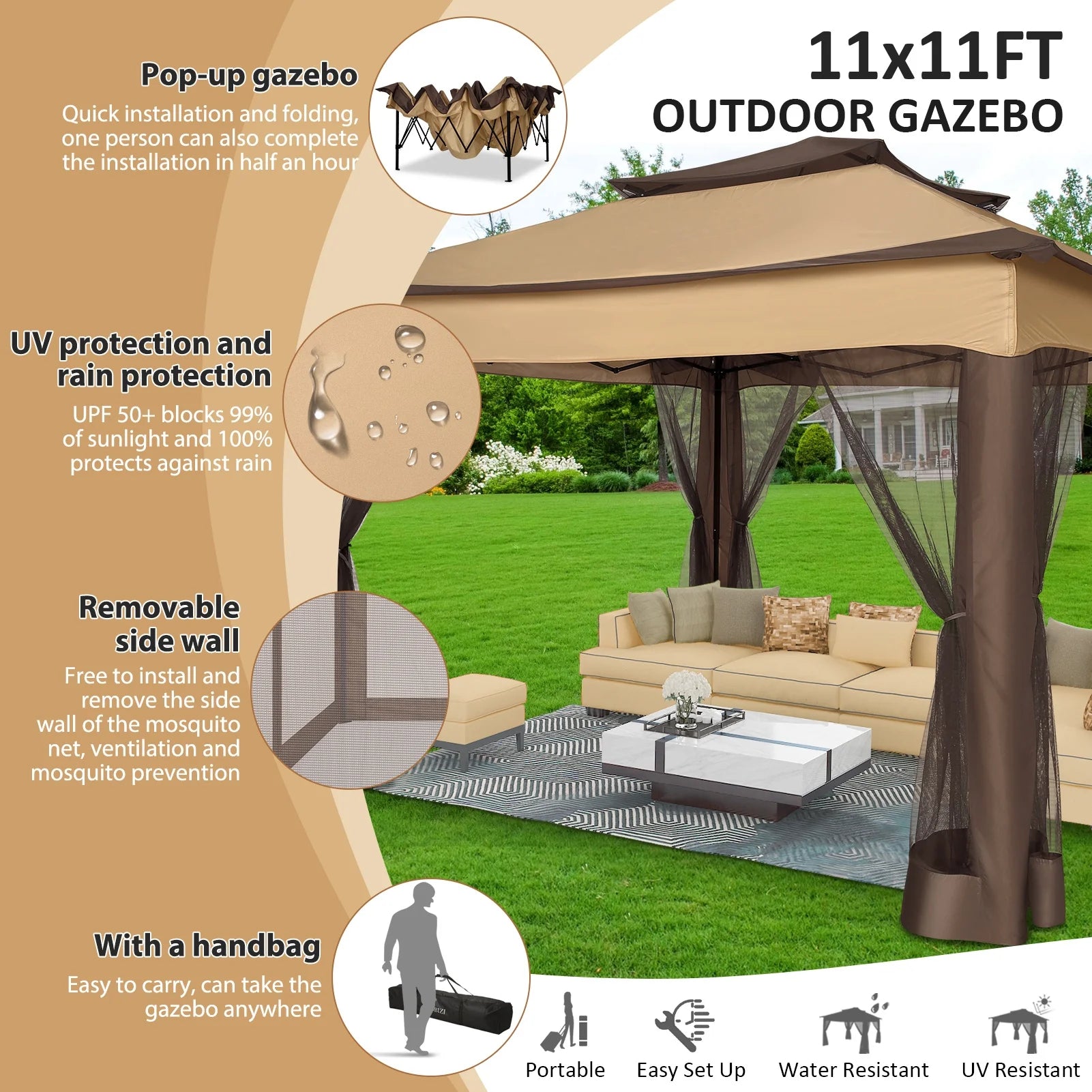 Outdoor Canopy Gazebo 11X11 Pop-Up Gazebo Patio Gazebo with Mosquito Netting Outdoor Canopy Shelter with 121 Square Feet of Shade for Outdoor Lawn, Garden, Backyard and Deck, Brown