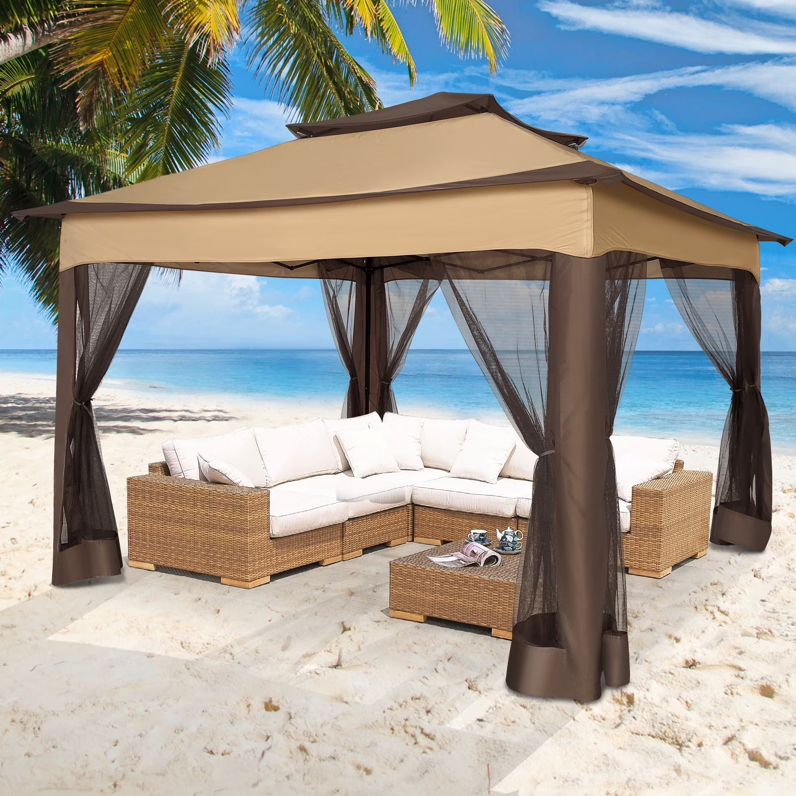 Outdoor Canopy Gazebo 11X11 Pop-Up Gazebo Patio Gazebo with Mosquito Netting Outdoor Canopy Shelter with 121 Square Feet of Shade for Outdoor Lawn, Garden, Backyard and Deck, Brown