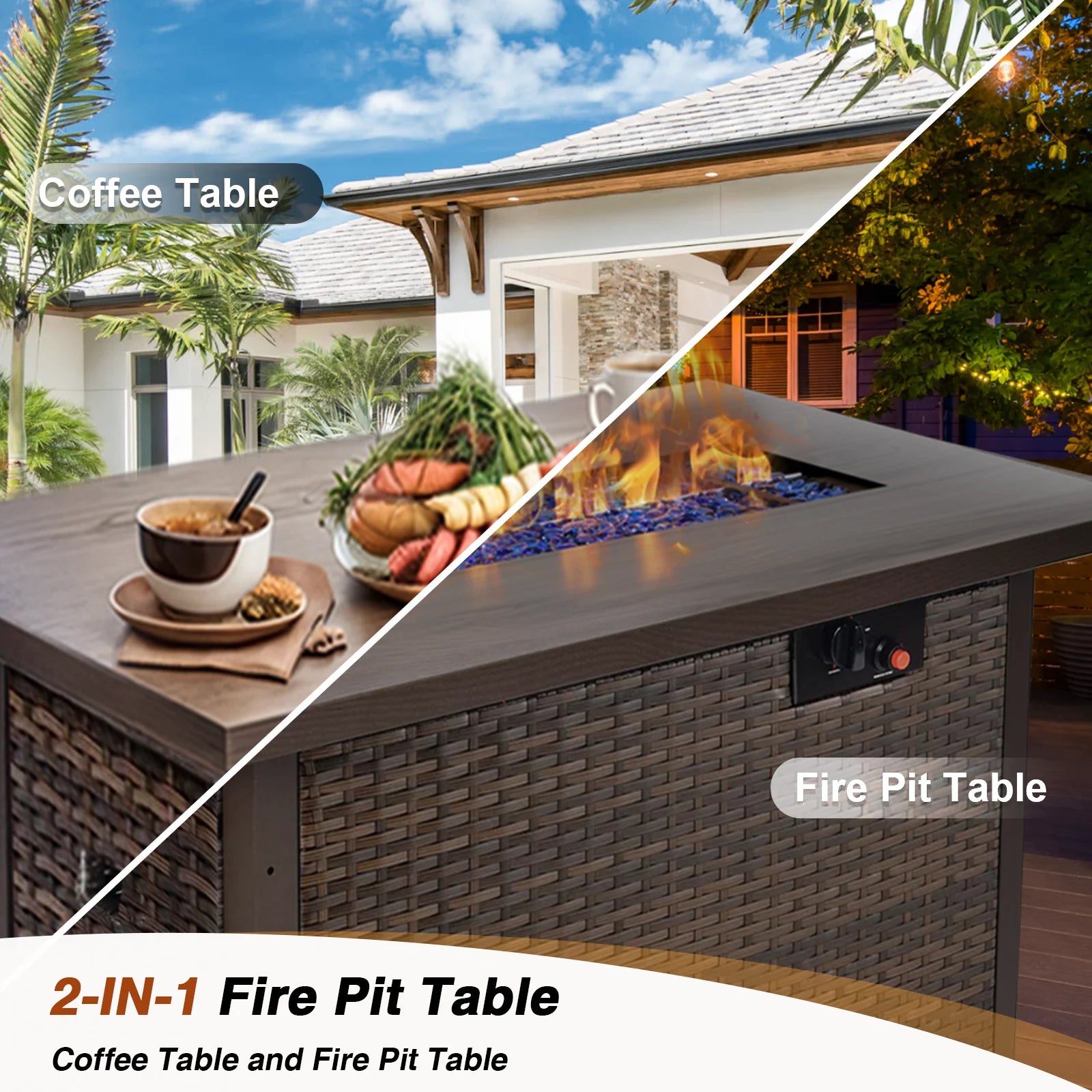 7 Piece Patio Furniture Set with Fire Pit Table, All Weather Outdoor Sectional PE Rattan, Patio Conversation Sets with Cushions for Garden Lawn Balcony Porch Deck, Blue